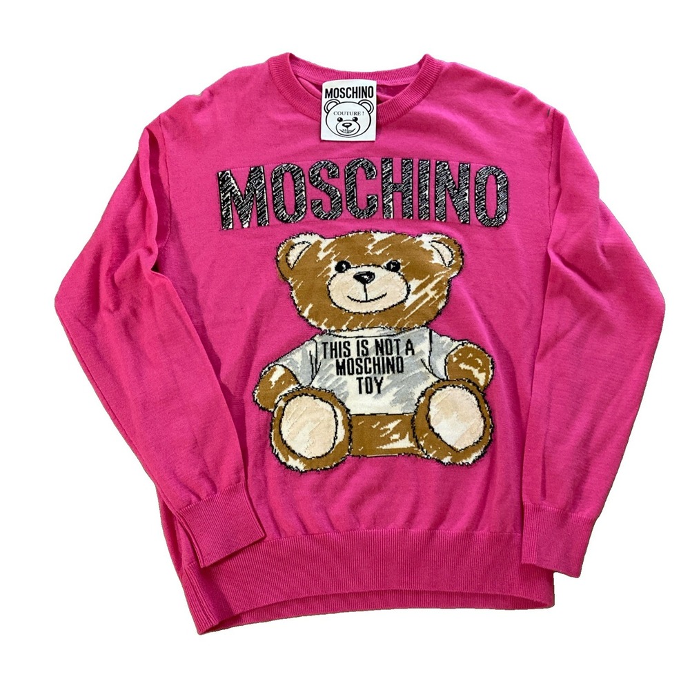 MOSCHINO Teddy Bear Sweater Sz M Pink Wool This Is Not A MOSCHINO Toy